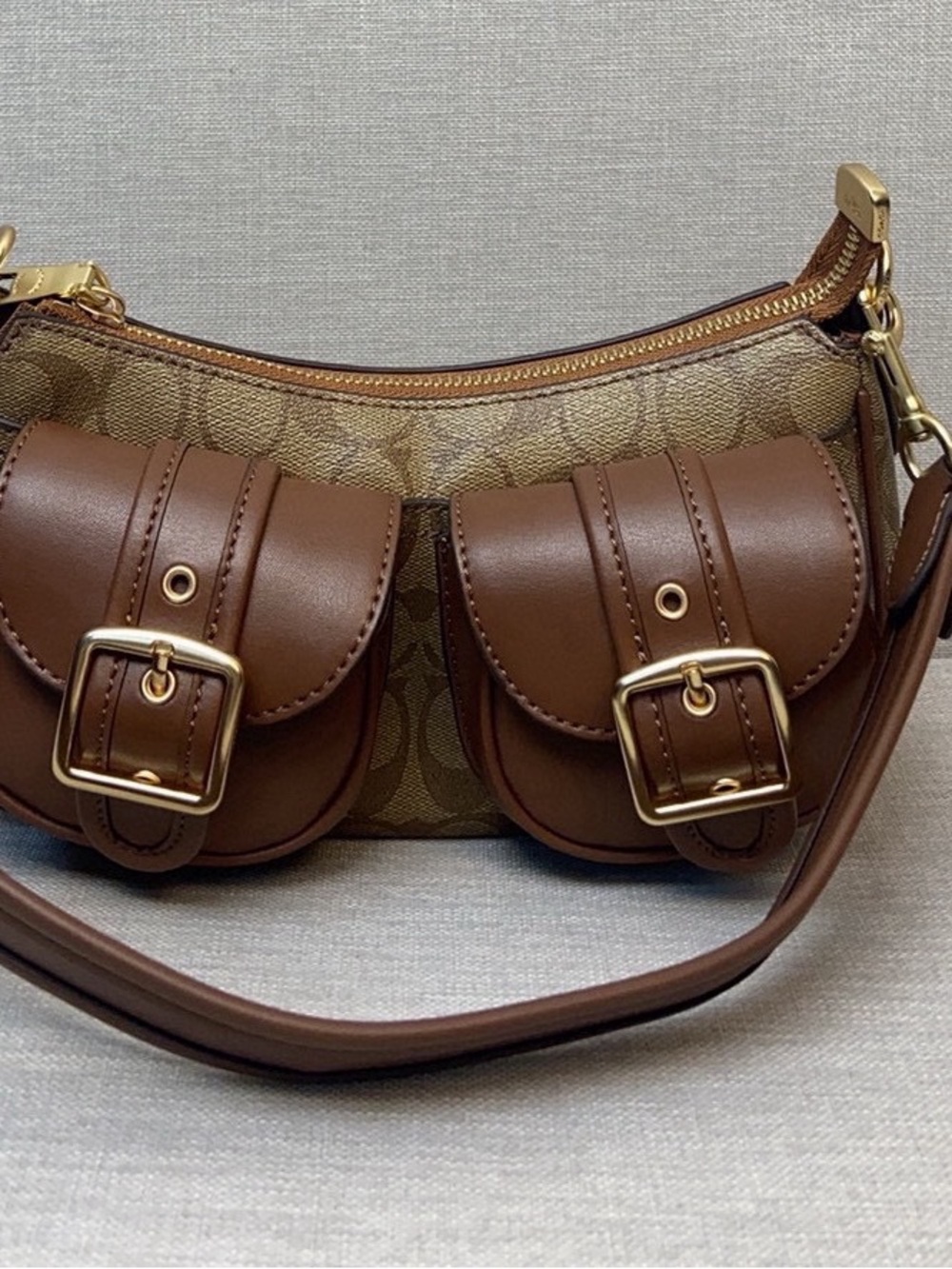 Coach Brown Canvas & Leather Shoulder Bag with Front Buckle Pockets - Picture 4 of 9